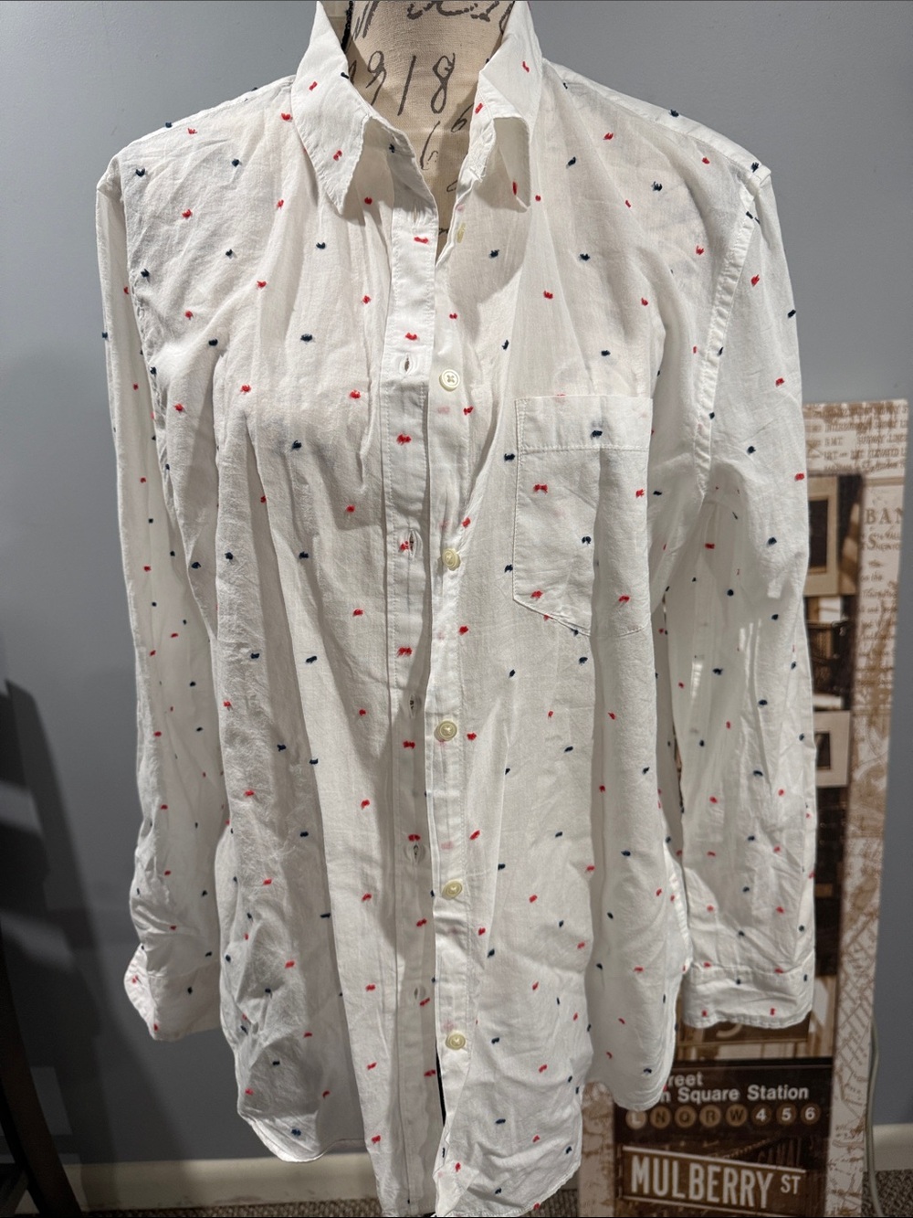 GAP White Button-Down Shirt with Red & Navy Micro Dots